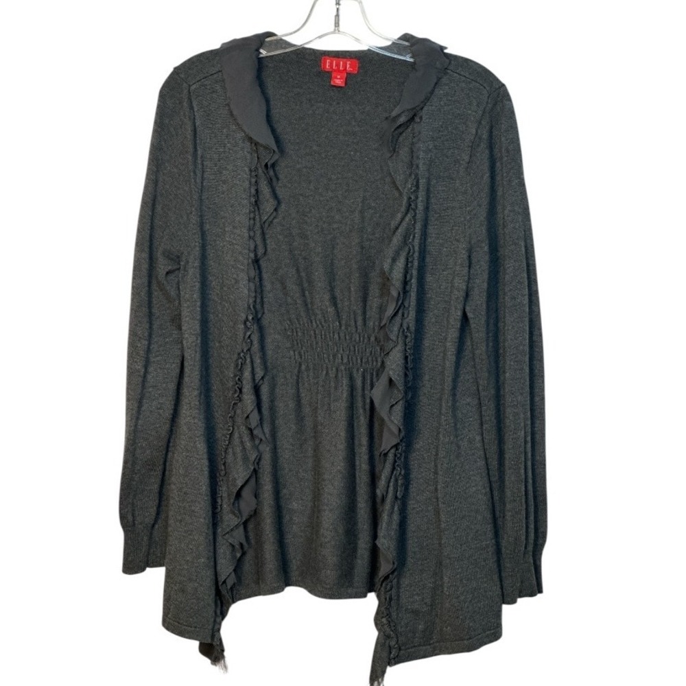 ELLE Open Cardigan Sweater‎ Gray Ruffle Front Long Sleeve Casual Size M